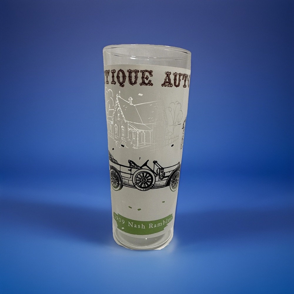 Glass Tumbler Antique Autos Theme 1909 Nash Rambler Tall White Frost Vintage EUC